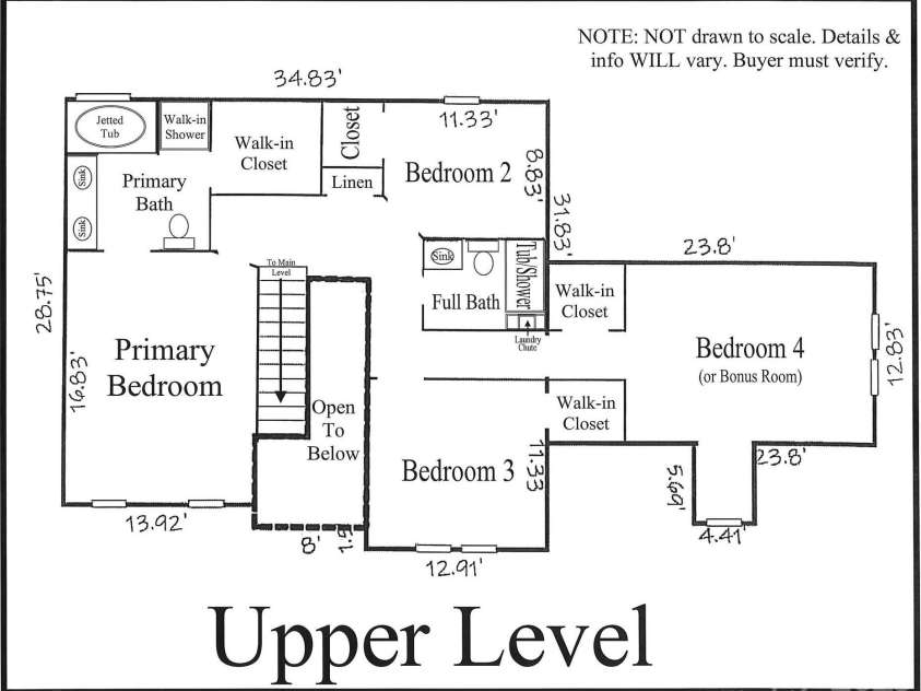 210 35th Avenue, Hickory, NC 28601.  MLS# CAR4245350, YatesRealty ID 10200. Approx. Upper Level Floorplan Sketch