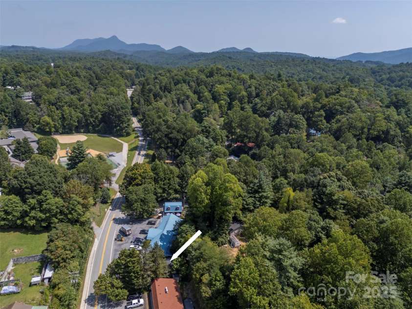 172 formerly 153 Main Street, Saluda, NC 28773.  MLS# CAR4225037, YatesRealty ID 1048. One of the Saluda hills is the backdrop to the building and shaded by trees.