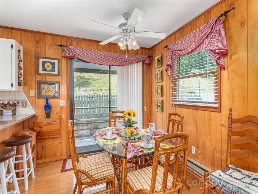 21 Flint Lane, Maggie Valley, NC 28751.  MLS# CAR4181508, YatesRealty ID 10824. Dining Area with Screened Porch Access