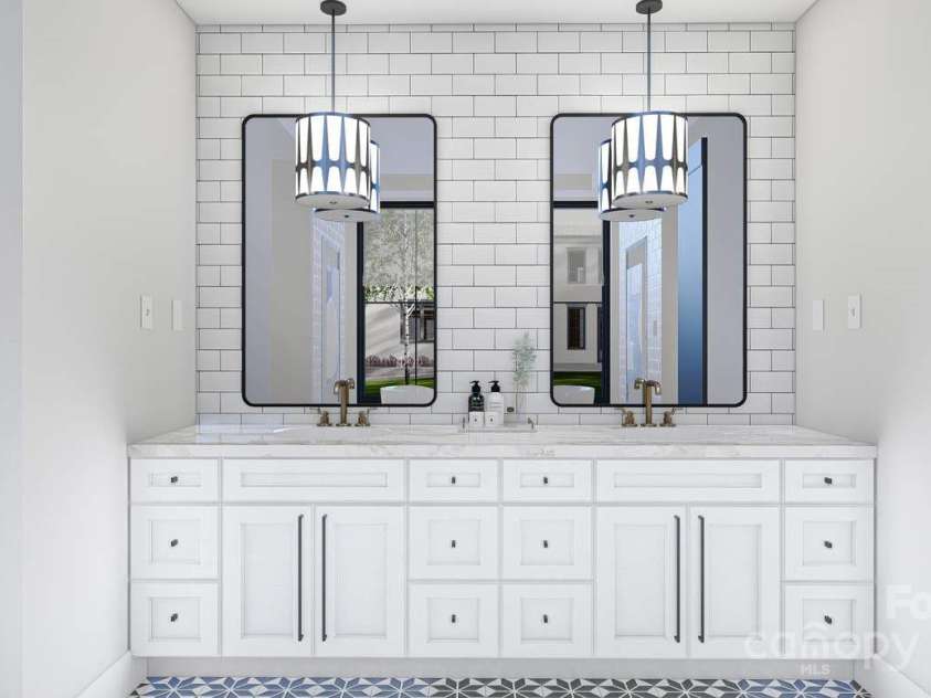 4658 Sugar Plum Lane, Davidson, NC 28036.  MLS# CAR4299328, YatesRealty ID 1092. Concept Photo of Primary Bathfeatures dual vanity, customlighting & tile flooring!
