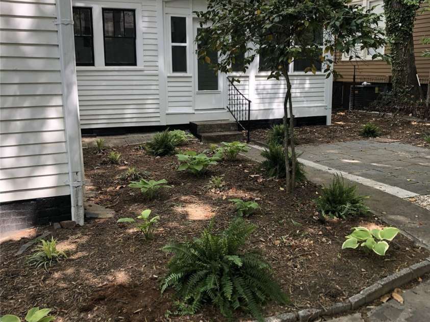 85 Grove Avenue, Concord, NC 28025.  MLS# CAR4224085, YatesRealty ID 11785. Freshly planted ferns surrounding back terrace adds beautiful touch