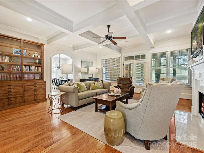 7208 Ashton Gate Drive, Charlotte, NC 28270.  MLS# CAR4246085, YatesRealty ID 11858. Living/Great Room with coffered ceilings