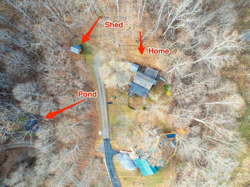 90 Davidson Gap Road, Leicester, NC 28748.  MLS# CAR4368699, YatesRealty ID 12474. Aerial Photo with Pond