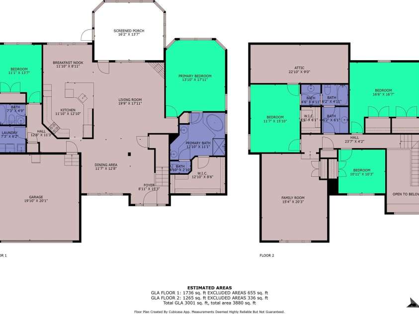 202 Whitmyre Court, Fort Mill, SC 29715.  MLS# CAR4251469, YatesRealty ID 13342. Measured Floor plan, GREEN is bathrooms, Purple is for bathrooms