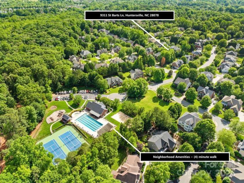 9311 St Barts Lane, Huntersville, NC 28078.  MLS# CAR4255582, YatesRealty ID 13449. The home is located just a short stroll away from the Vixen clubhouse and pool - sand volley ball court - playground - tennis/pickleball courts and access to North Meck park behind the complex that connects to the ne