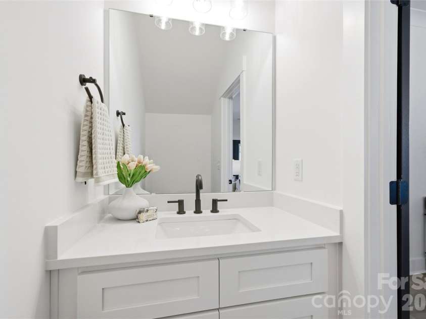 356 Main Street, McAdenville, NC 28101.  MLS# CAR4315707, YatesRealty ID 1389. The powder room is bright and beautifully finished with quartz counters, and elevated matte black finishes