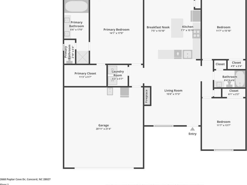 2668 Poplar Cove Drive, Concord, NC 28027.  MLS# CAR4370149, YatesRealty ID 14246. Single story with split bedroom plan