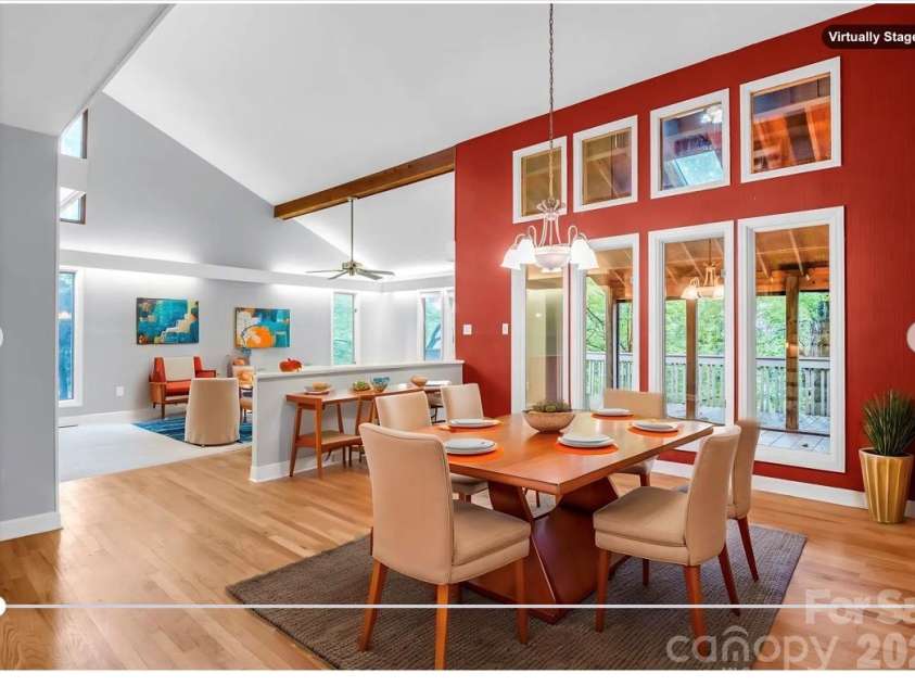 10 Chestnut Ridge Road, Mills River, NC 28759.  MLS# CAR4412466, YatesRealty ID 14367. Virtually staged: View from Kitchen, toward Dining Room & Living Room w/ vaulted ceiling