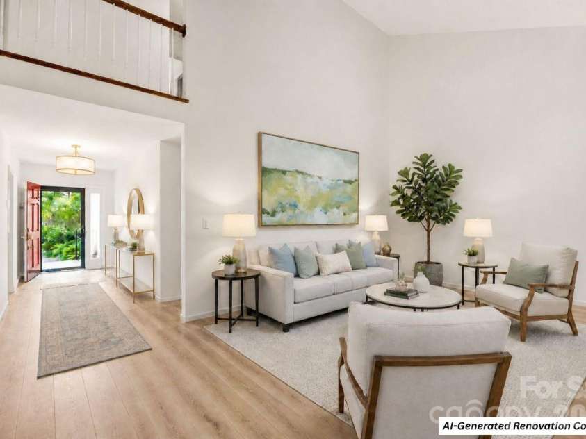 5120 Dunes Court, Charlotte, NC 28226.  MLS# CAR4367666, YatesRealty ID 14955. AI generated design concept - Great room with vaulted ceiling