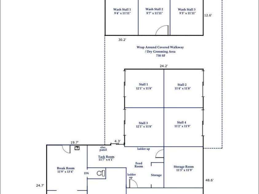 226 John Smith Road, Columbus, NC 28722.  MLS# CAR4235483, YatesRealty ID 15228. Secondary Barn, which complements the Primary Barn. Includes 4 stalls, 3 wash racks, dry grooming area, Break Room/Office could Easily be converted into small apartment. Shavings & Hay Storage, Tack room, Feed Room & Se