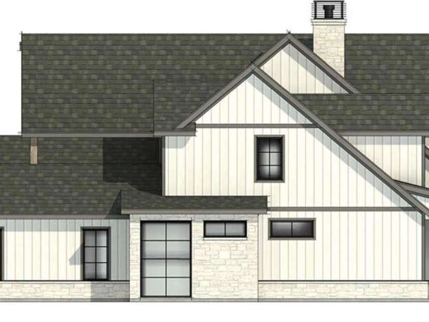 Lot 2 Country Estates Drive, Waxhaw, NC 28173.  MLS# CAR4276573, YatesRealty ID 1559. Proposed Modern Farmhouse: left-side elevation showcases the home’s layered rooflines, clean vertical siding, and natural stone accents that add texture and warmth to its modern farmhouse design. 