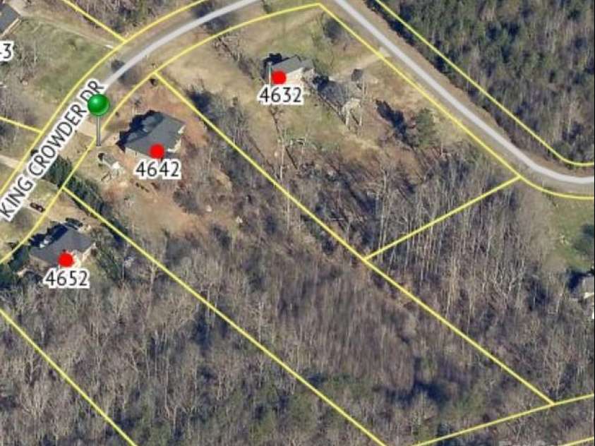 4642 King Crowder Drive, Gastonia, NC 28052.  MLS# CAR4147869, YatesRealty ID 1566. Gorgeous 3.14 acre lot, partially cleared, with creek, and with wooded views (photo from https://gis.gastongov.com)