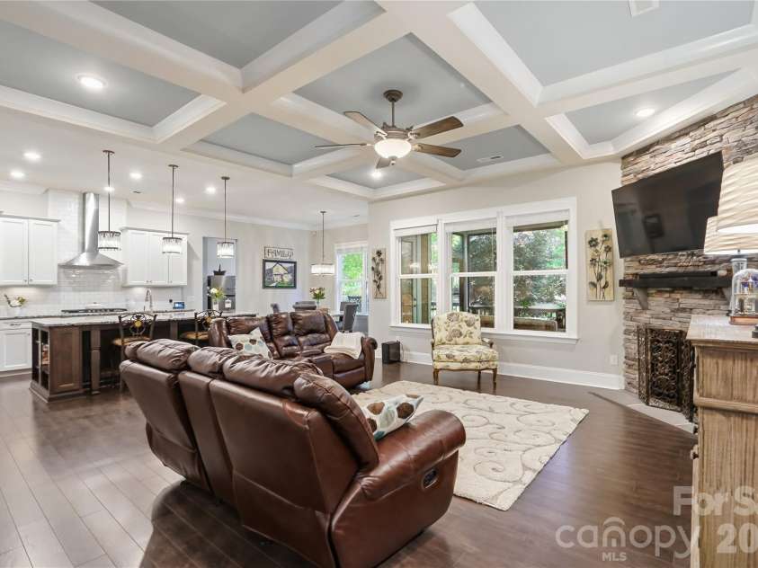 124 Shimmerlake Lane, Belmont, NC 28012.  MLS# CAR4372639, YatesRealty ID 15698. Gathering Room with Coffered Ceiling
