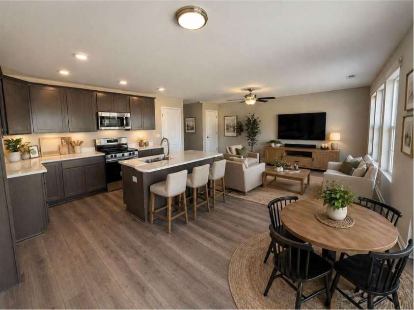 87 Coon Creek Road, Pageland, SC 29728.  MLS# CAR4328599, YatesRealty ID 16034. AI Image of the Kitchen and Family Room 