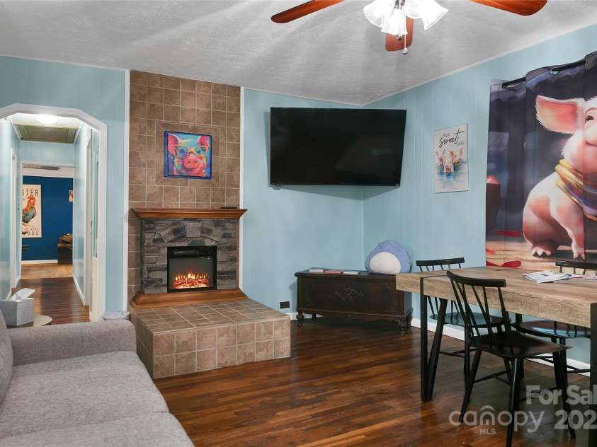 626 Fairview Loop, Hot Springs, NC 28743.  MLS# CAR4302454, YatesRealty ID 1621. Living Room, decorated with piggies, seen here as you enter the front door from the front porch.