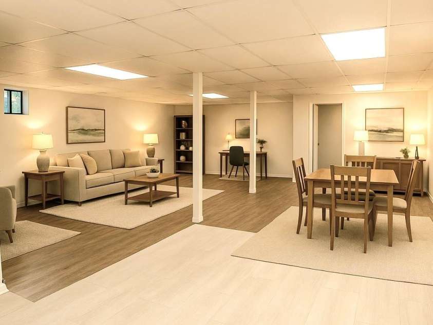 262 Rooster Cove, Brevard, NC 28712.  MLS# CAR4332799, YatesRealty ID 1626. Downstairs area includes fridge w/ icemaker, stove, microwave, bathroom and laundry amenities. This area has been virtually staged.