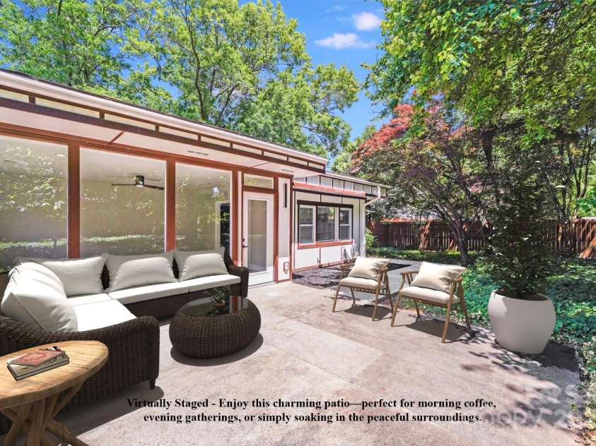 2000 Tyvola Road, Charlotte, NC 28210.  MLS# CAR4260481, YatesRealty ID 16600. Virtually Staged - Enjoy this charming patio—perfect for morning coffee, evening gatherings, or simply soaking in the peaceful surroundings.