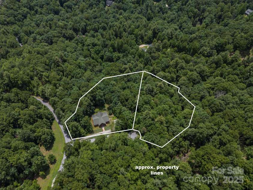 23 Jay Foster Way, Saluda, NC 28773.  MLS# CAR4278065, YatesRealty ID 1689. Aerial View showing approximate lot lines (not a survey).  2.27 Acre lot to right also available for purchase.