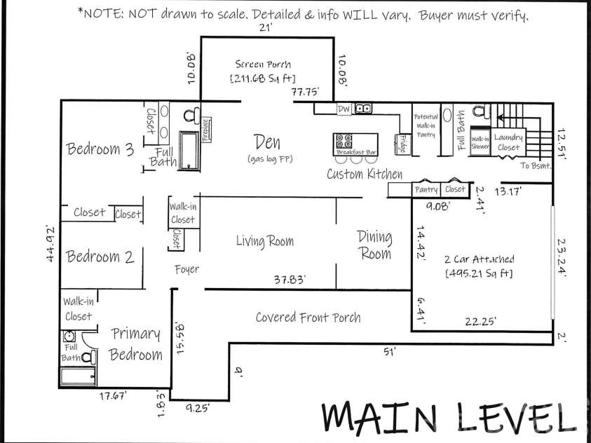 465 28th Avenue Lane, Hickory, NC 28601.  MLS# CAR4365882, YatesRealty ID 16892. Main level floor plan showing functional brick ranch layout with spacious living areas and bedrooms