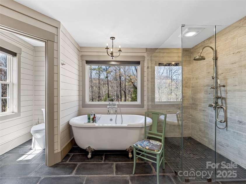 59 Bradford Hill Road, Mills River, NC 28759.  MLS# CAR4241459, YatesRealty ID 16892. SanSiro heated air-jetted, double-ended claw foot 69” tub w/ chromotherapy