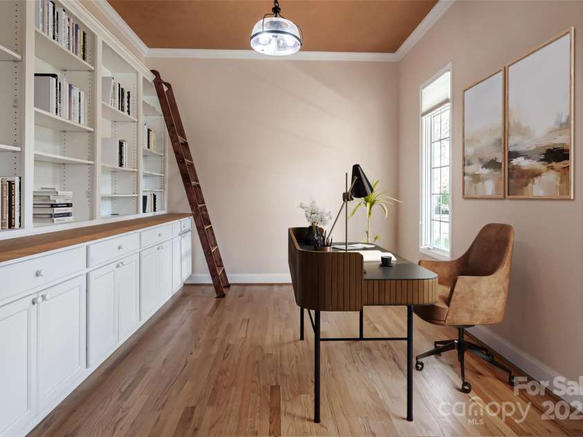 8 Scarlet Rdg Lane, Weaverville, NC 28787.  MLS# CAR4233209, YatesRealty ID 17414. Charming home office with built-ins and library ladder