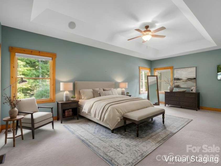82 Red Mulberry Drive, Zirconia, NC 28790.  MLS# CAR4363684, YatesRealty ID 17694. Primary bedroom (virtually staged)