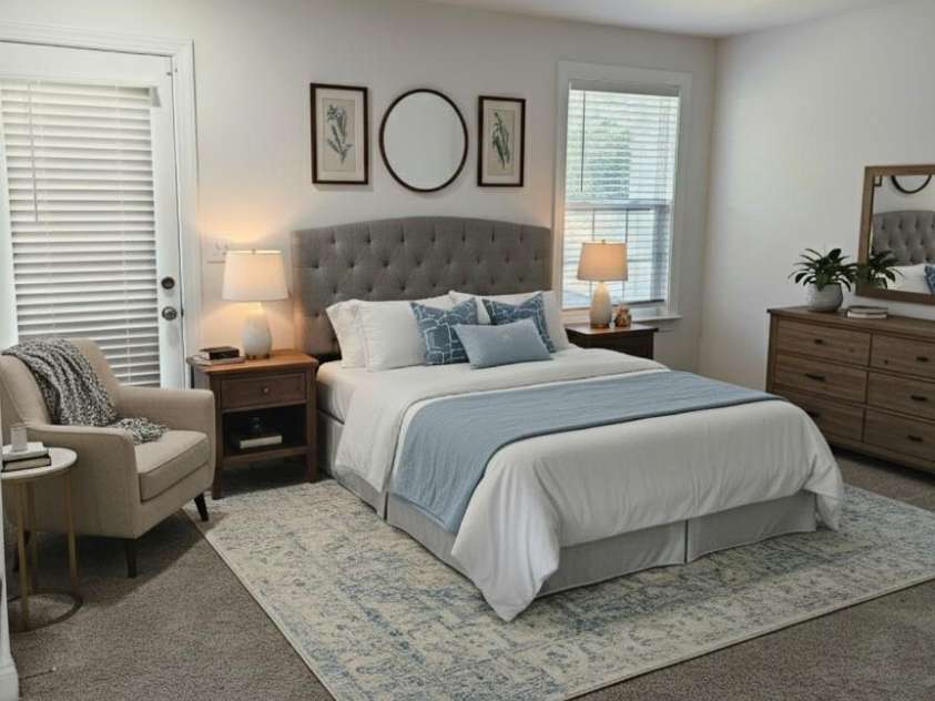 9240 Walnut Hill Road, Concord, NC 28027.  MLS# CAR4330355, YatesRealty ID 18358. Virtually staged main level guest room w/en suite bath