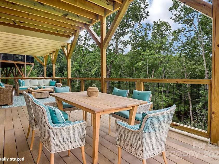 21 Craftsman Overlook Ridge, Arden, NC 28704.  MLS# CAR4007643, YatesRealty ID 18407. Virtually staged Lower level deck overlooking private wooded view.