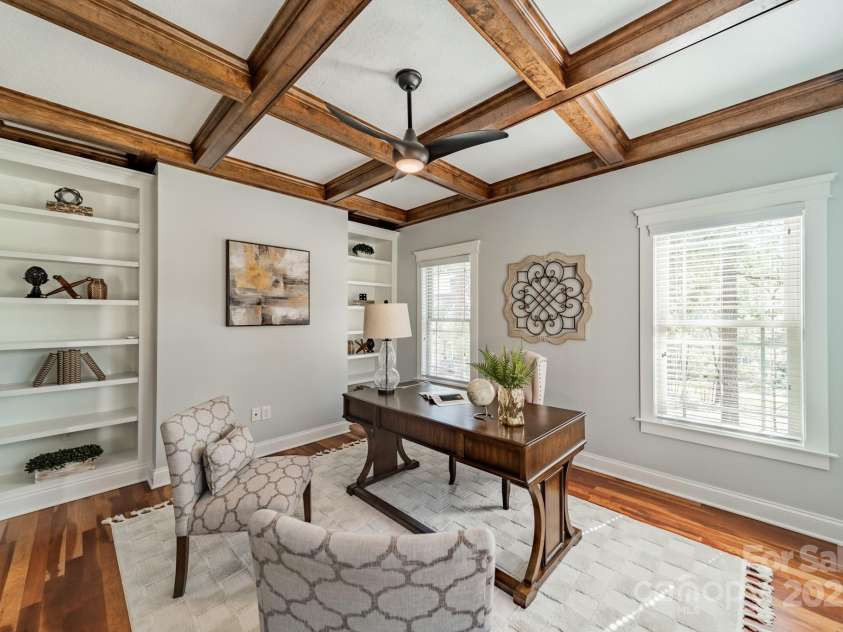 165 Blue Ridge Trail, Mooresville, NC 28117.  MLS# CAR4225294, YatesRealty ID 18540. Office with coffered ceilings and built in bookshelves.