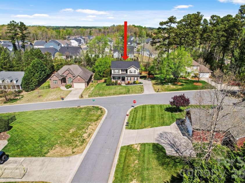 7355 Drury Lane, Denver, NC 28037.  MLS# CAR4365592, YatesRealty ID 18644. Neighborhood aerial with property highlighted 