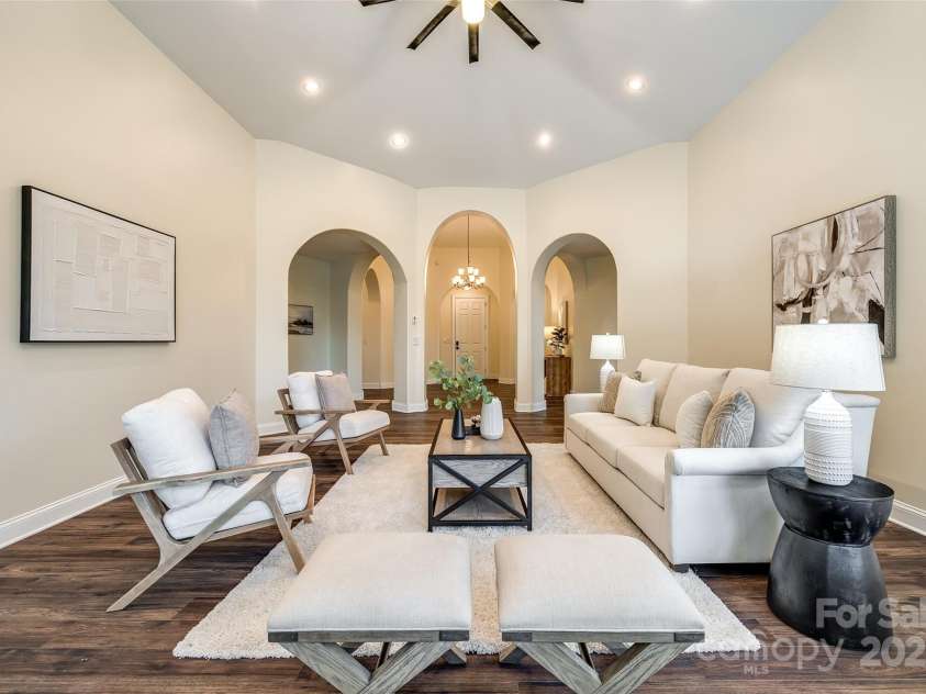 3911 Sandy Point Drive, York, SC 29745.  MLS# CAR4258405, YatesRealty ID 18785. Living room with 14-ft ceilings