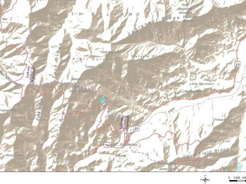 2222 Greenspire Drive, Sylva, NC 28779.  MLS# CAR4159278, YatesRealty ID 1909. Great Smoky Mountains. Property in blue.