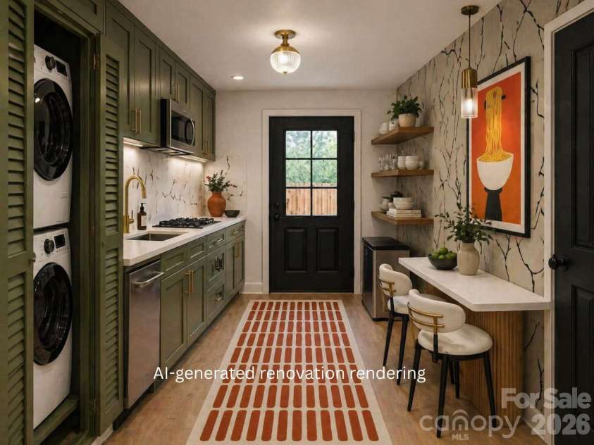 121 Edgerly Court, Charlotte, NC 28214.  MLS# CAR4377351, YatesRealty ID 19176. AI generated basement Laundry Kitchen