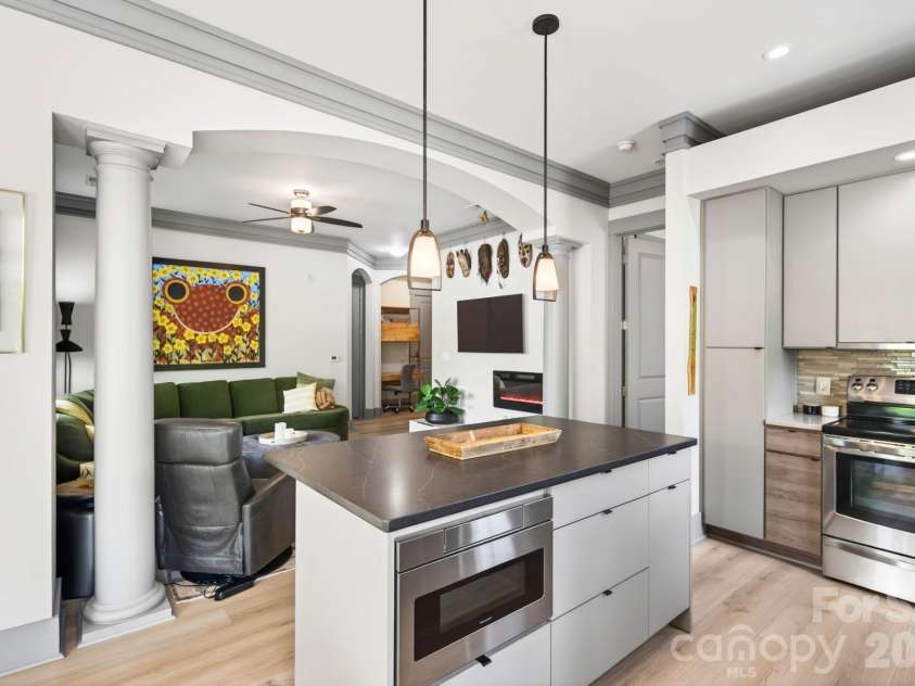 42 Schenck Parkway, Asheville, NC 28803.  MLS# CAR4377508, YatesRealty ID 1924. SS appliances include an induction range, a high-end exhaust fan, a microwave drawer, a dishwasher, and a French door style refrigerator