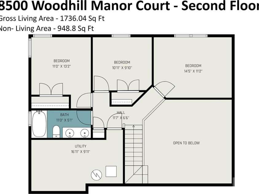 8500 Woodhill Manor Court, Charlotte, NC 28215.  MLS# CAR4357531, YatesRealty ID 19307. Second Floor Plan