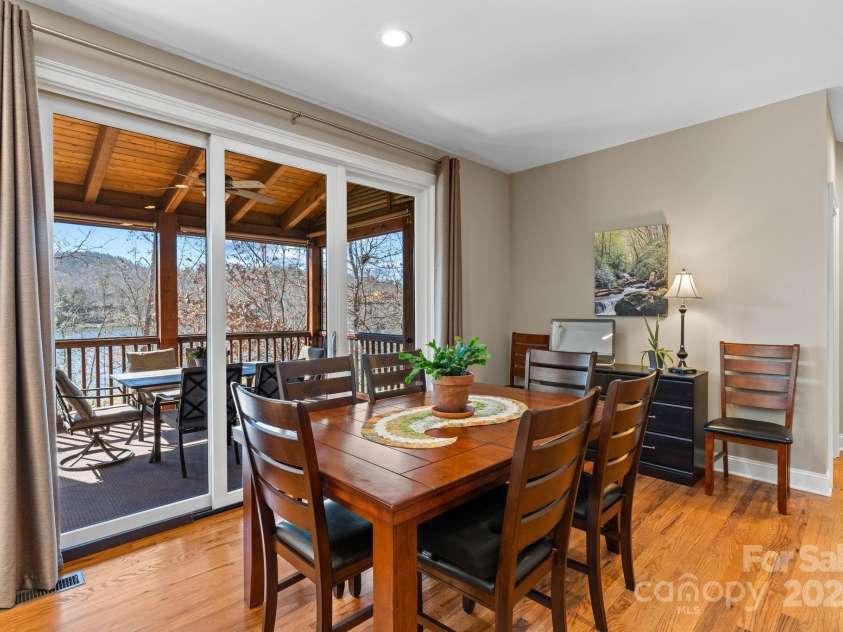 4948 Connestee Trail, Brevard, NC 28712.  MLS# CAR4231748, YatesRealty ID 1998. Dining area with lake views & and screen porch