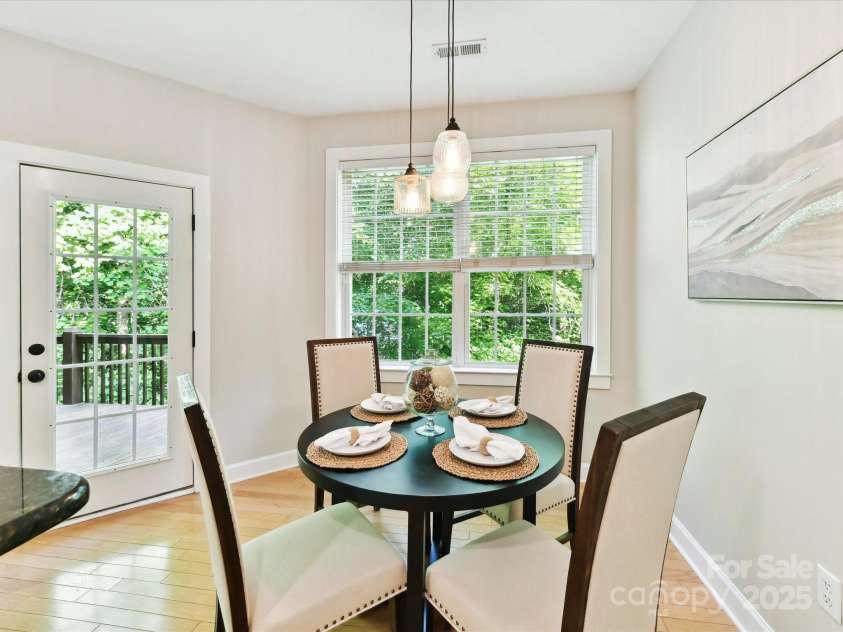 2215 Henery Tuckers Court, Charlotte, NC 28270.  MLS# CAR4267429, YatesRealty ID 20299. The breakfast area overlooks the wooded backyard with access to the back deck