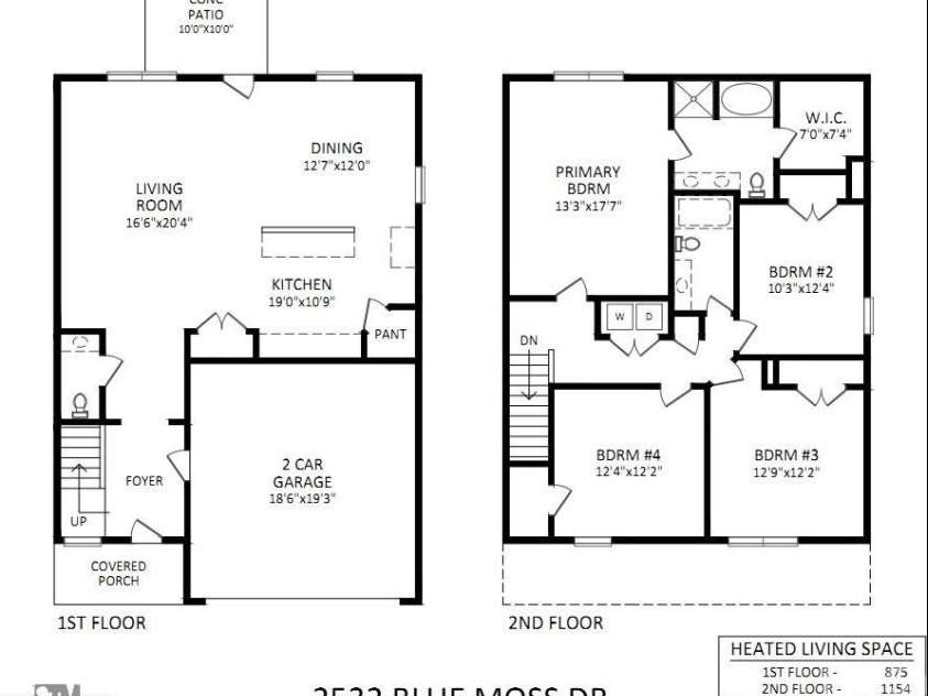 2532 Blue Moss Drive, Dallas, NC 28034.  MLS# CAR4271917, YatesRealty ID 21069. Floor Plan: 2532 Blue Moss Drive. Open concept layout on main floor creates a spacious and airy atmosphere seamlessly blending living areas. Note the good sized bedrooms on second floor and laundry convenient to all the 