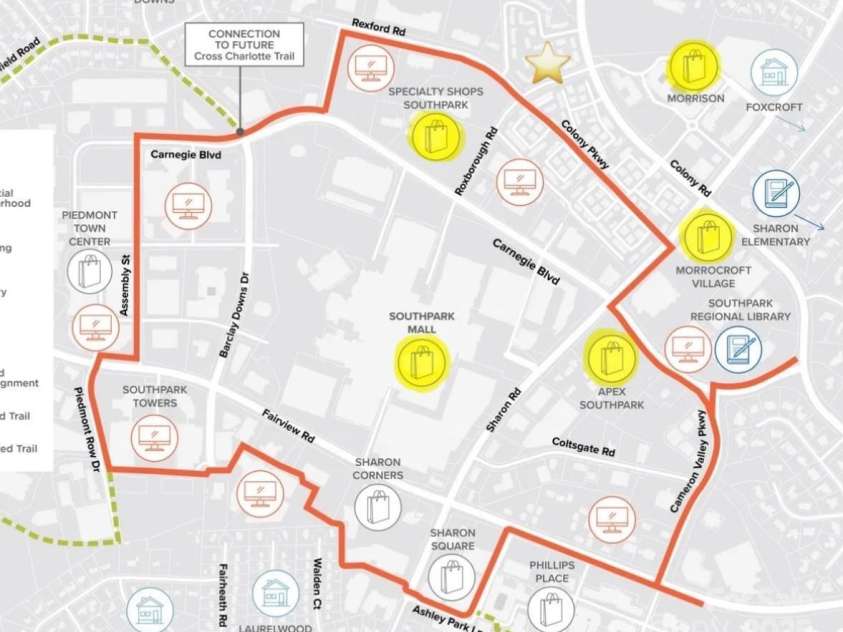 1708 Roxborough Road, Charlotte, NC 28211.  MLS# CAR4271759, YatesRealty ID 21279. South Park Loop- star indicates location of condo