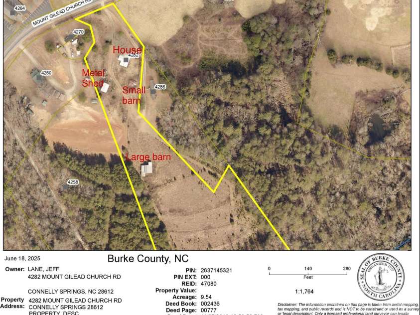 4282 Mount Gilead Church Road, Connelly Springs, NC 28612.  MLS# CAR4272301, YatesRealty ID 21308. Map with structures identified