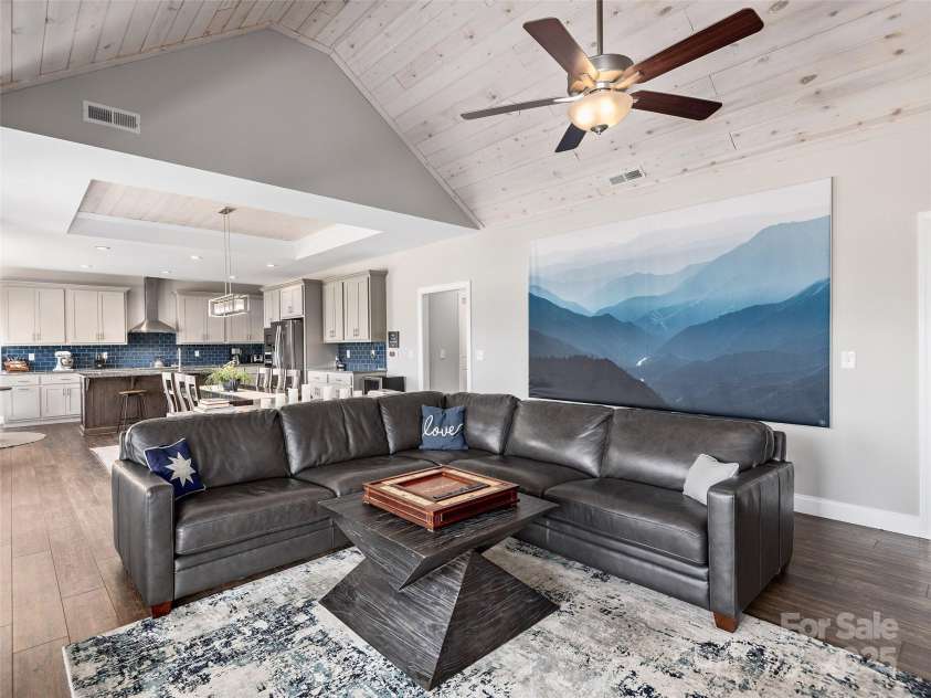 116 Whispering Wind Drive, Black Mountain, NC 28711.  MLS# CAR4245710, YatesRealty ID 21914. Great Room- Vaulted Whitewashed Shiplap Ceiling