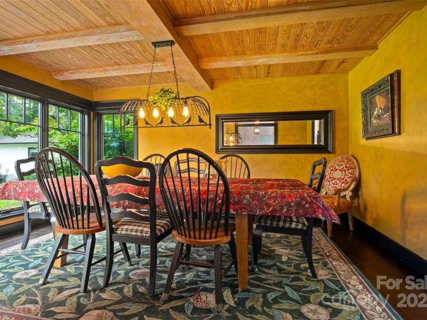 64 Persimmon Hill Drive, Columbus, NC 28722.  MLS# CAR4257157, YatesRealty ID 22038. Dining Room w/ pine cross beams