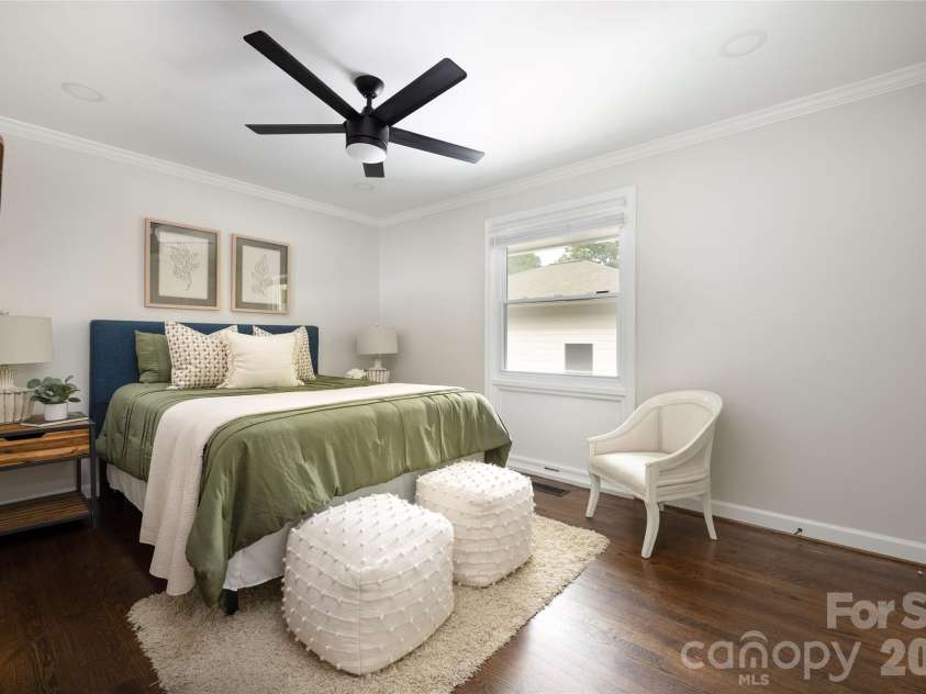 4601 General Pershing Drive, Charlotte, NC 28209.  MLS# CAR4379524, YatesRealty ID 22296. Primary bedroom with flush can lights and ceiling fan