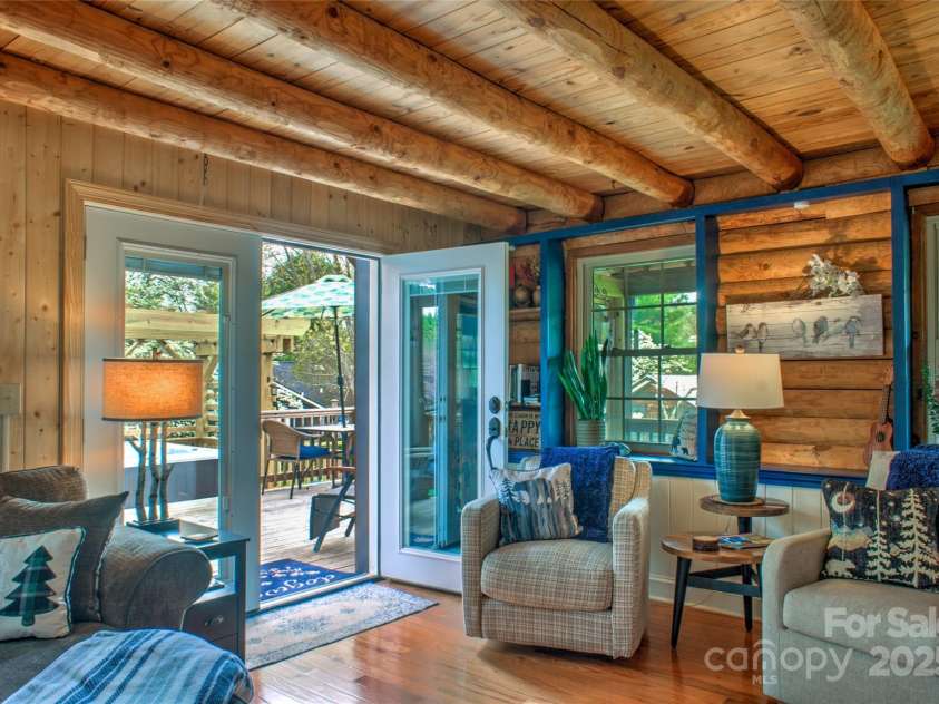 756 Price Road, Hendersonville, NC 28739.  MLS# CAR4208399, YatesRealty ID 22341. Living Room with French Doors leading to side deck, hot tub