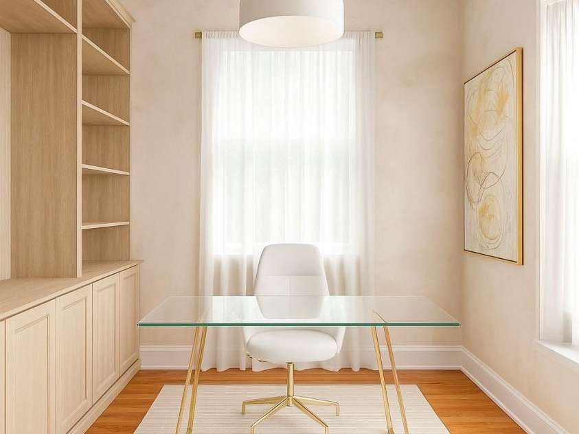 501 River Oaks Lane, Charlotte, NC 28226.  MLS# CAR4192085, YatesRealty ID 22698. Paint and new lighting elevate the office to a modern interior.