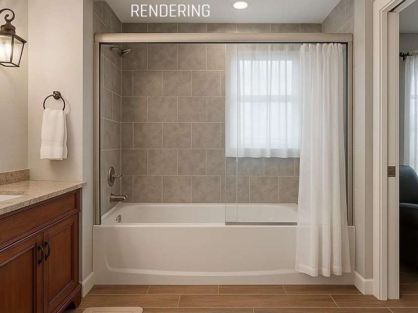 501 River Oaks Lane, Charlotte, NC 28226.  MLS# CAR4192085, YatesRealty ID 22698. Sleek and modern bath.Design rendering.