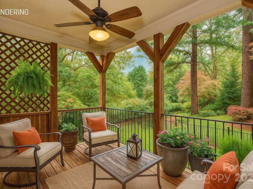 501 River Oaks Lane, Charlotte, NC 28226.  MLS# CAR4192085, YatesRealty ID 22698. The perfect design concept for your private balcony—where style meets serenity. Imagine a cozy retreat with elegant furnishings, lush greenery, and ambient lighting, creating an ideal space for morning coffee, sunset v