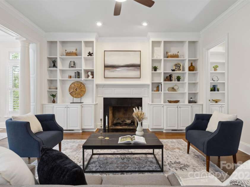 1806 Asbury Hall Court, Charlotte, NC 28209.  MLS# CAR4265884, YatesRealty ID 22727. Living room with custom built-ins
