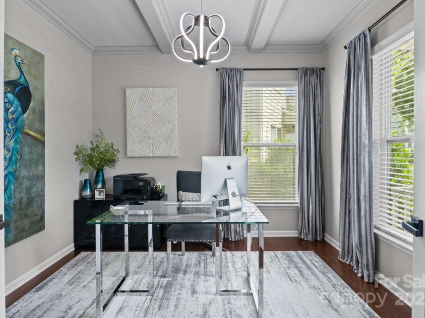 2007 Bishops Court, Cornelius, NC 28031.  MLS# CAR4257347, YatesRealty ID 23133. French doors lead you into a beautifully color drenched study w/ beams and extra large windows for an abundance of natural light.