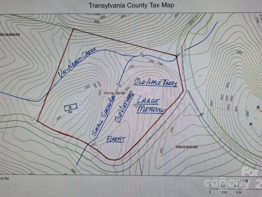 229 Hubbard Hollow Road, Rosman, NC 28772.  MLS# CAR4264936, YatesRealty ID 23454. Topo with Creek Spring Firepit Orchard Vineyard Meadow House and Property Lines